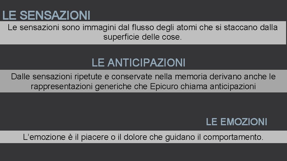 LE SENSAZIONI Le sensazioni sono immagini dal flusso degli atomi che si staccano dalla