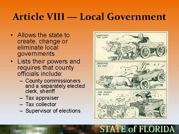 Article VIII — Local Government • Allows the state to create, change or eliminate