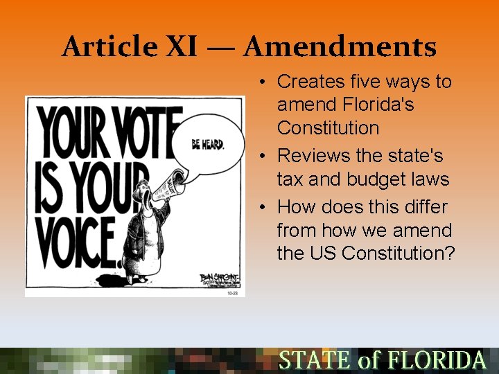 Article XI — Amendments • Creates five ways to amend Florida's Constitution • Reviews