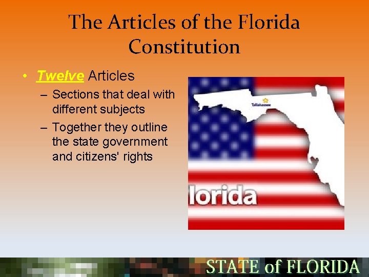 The Articles of the Florida Constitution • Twelve Articles – Sections that deal with