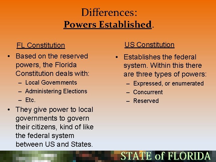 Differences: Powers Established. FL Constitution • Based on the reserved powers, the Florida Constitution