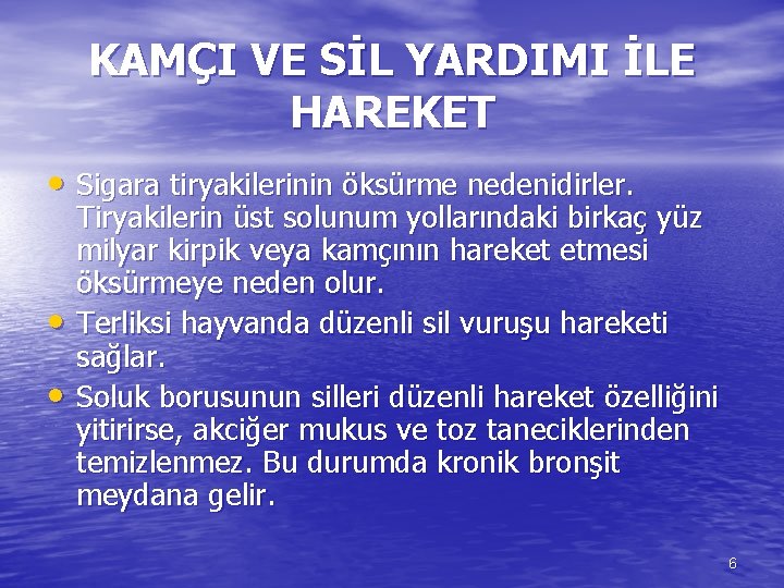 KAMÇI VE SİL YARDIMI İLE HAREKET • Sigara tiryakilerinin öksürme nedenidirler. • • Tiryakilerin