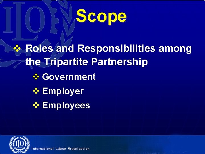Scope v Roles and Responsibilities among the Tripartite Partnership v Government v Employer v