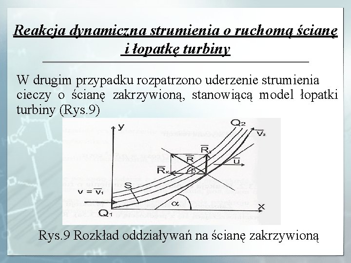 Reakcja dynamiczna strumienia o ruchomą ścianę i łopatkę turbiny W drugim przypadku rozpatrzono uderzenie