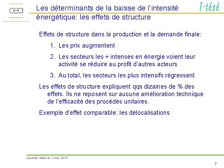 Les déterminants de la baisse de l’intensité énergétique: les effets de structure Effets de