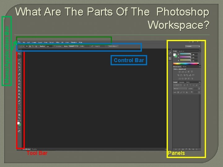 Menu/Application Bar What Are The Parts Of The Photoshop Workspace? Control Bar Tool Bar