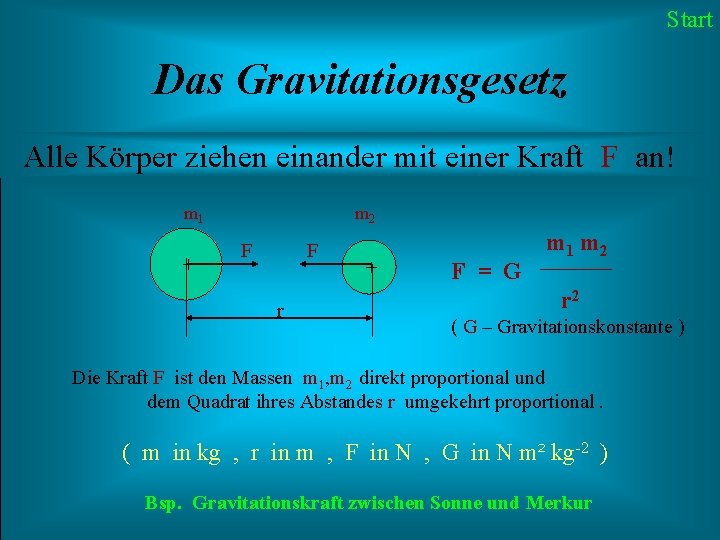 Start Das Gravitationsgesetz Alle Körper ziehen einander mit einer Kraft F an! m 1