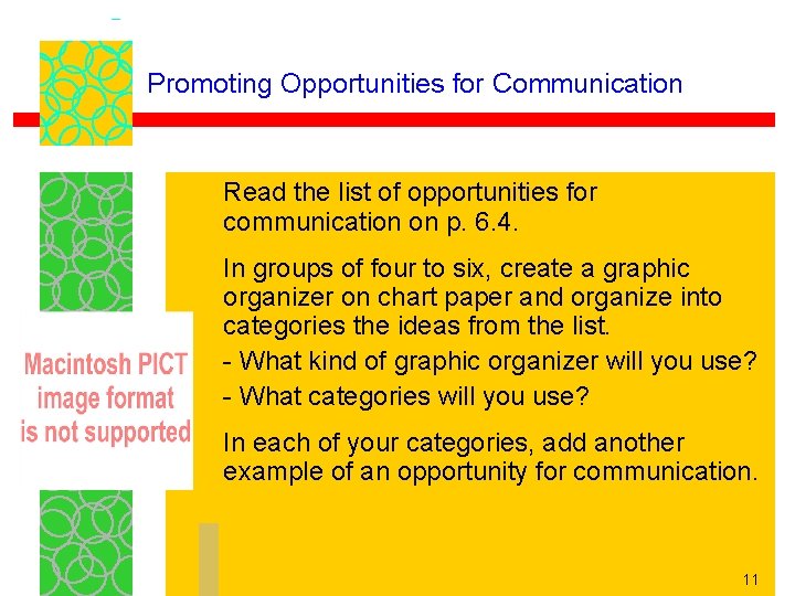 Promoting Opportunities for Communication Read the list of opportunities for communication on p. 6. Promoting Opportunities for Communication Read the list of opportunities for communication on p. 6.