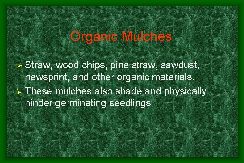 Organic Mulches Straw, wood chips, pine straw, sawdust, newsprint, and other organic materials. Ø Organic Mulches Straw, wood chips, pine straw, sawdust, newsprint, and other organic materials. Ø
