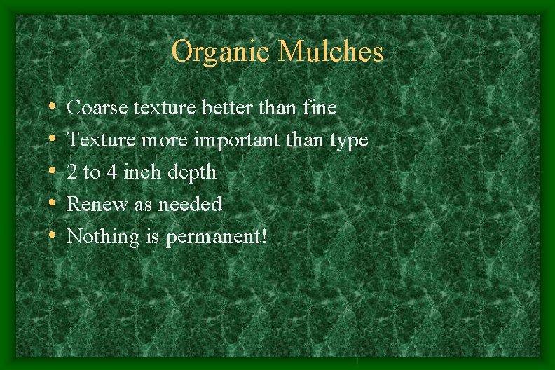 Organic Mulches • • • Coarse texture better than fine Texture more important than Organic Mulches • • • Coarse texture better than fine Texture more important than
