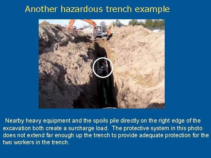 Another hazardous trench example Nearby heavy equipment and the spoils pile directly on the