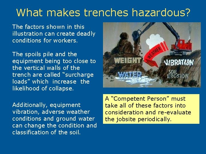 What makes trenches hazardous? The factors shown in this illustration can create deadly conditions