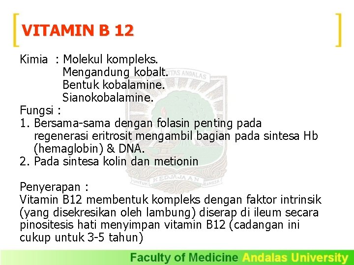 VITAMIN B 12 Kimia : Molekul kompleks. Mengandung kobalt. Bentuk kobalamine. Sianokobalamine. Fungsi :