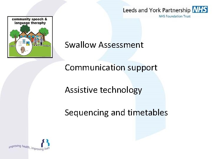 Swallow Assessment Communication support Assistive technology Sequencing and timetables 