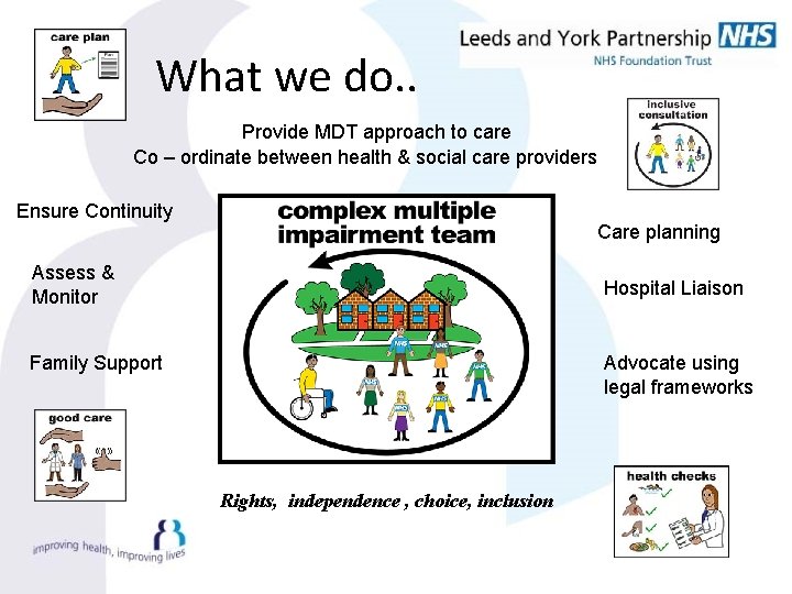 What we do. . Provide MDT approach to care Co – ordinate between health