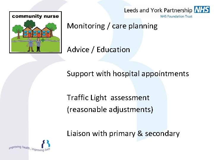 Monitoring / care planning Advice / Education Support with hospital appointments Traffic Light assessment
