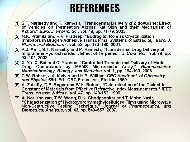 REFERENCES [1] S. T. Narisetty and P. Ramesh, “Transdermal Delivery of Zidovudine: Effect of