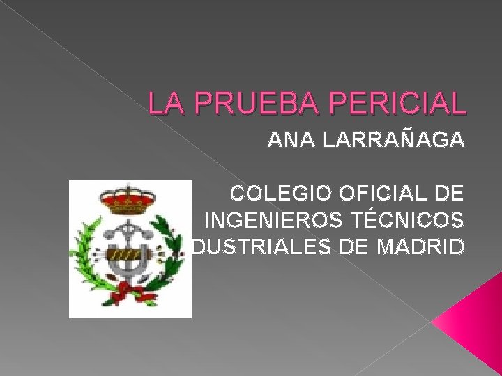 LA PRUEBA PERICIAL ANA LARRAÑAGA COLEGIO OFICIAL DE INGENIEROS TÉCNICOS INDUSTRIALES DE MADRID 