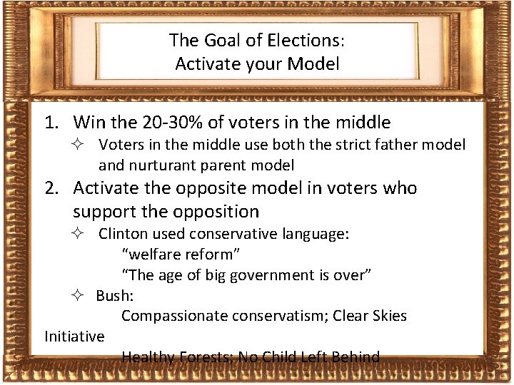 The Goal of Elections: Frames Activate your Model 1. Win the 20 -30% of