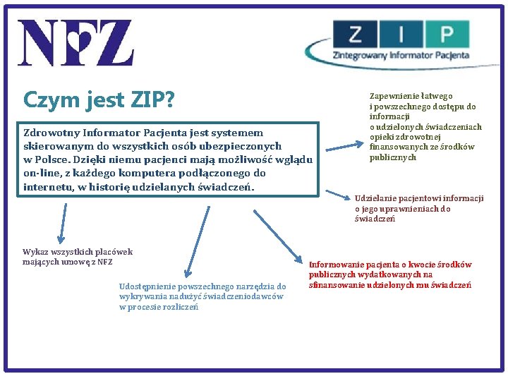 Czym jest ZIP? Zdrowotny Informator Pacjenta jest systemem skierowanym do wszystkich osób ubezpieczonych w