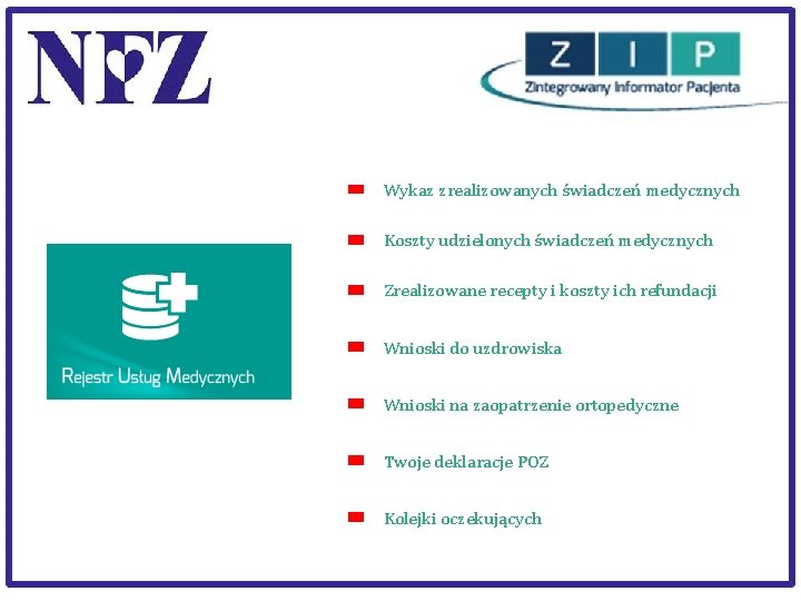 Wykaz zrealizowanych świadczeń medycznych Koszty udzielonych świadczeń medycznych Zrealizowane recepty i koszty ich refundacji