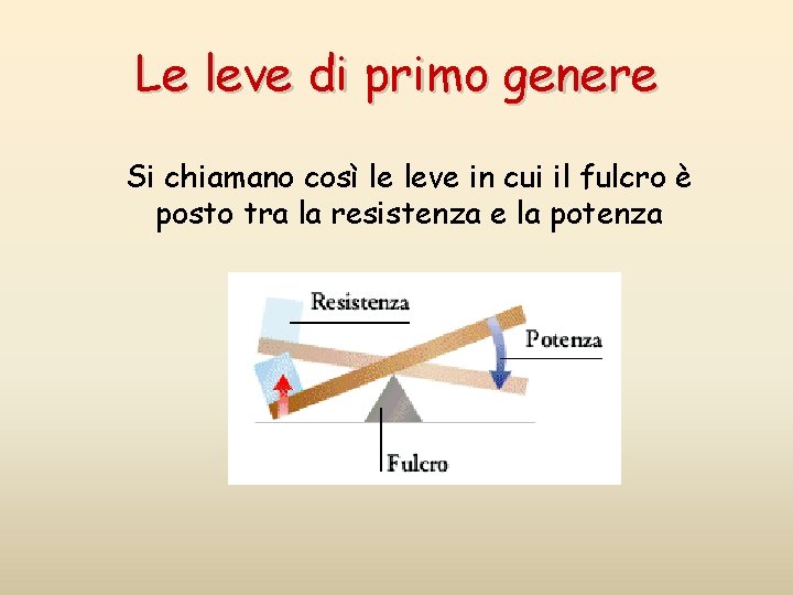 Le leve di primo genere Si chiamano così le leve in cui il fulcro