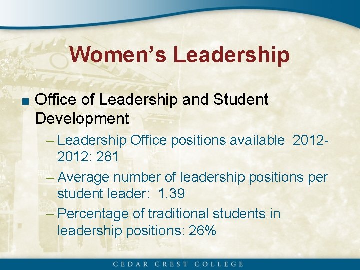 Women’s Leadership ■ Office of Leadership and Student Development – Leadership Office positions available