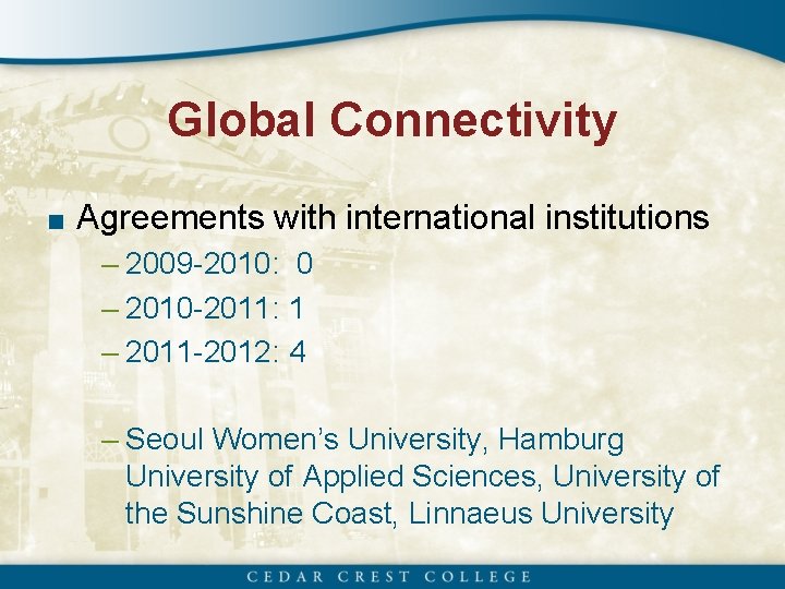 Global Connectivity ■ Agreements with international institutions – 2009 -2010: 0 – 2010 -2011: