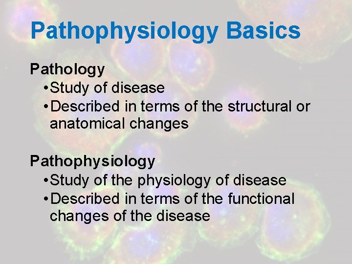 Pathophysiology Basics Pathology • Study of disease • Described in terms of the structural