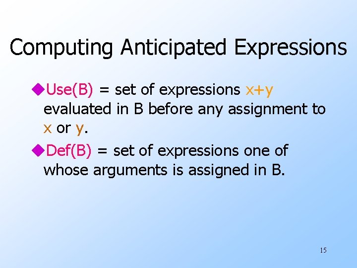 Computing Anticipated Expressions u. Use(B) = set of expressions x+y evaluated in B before