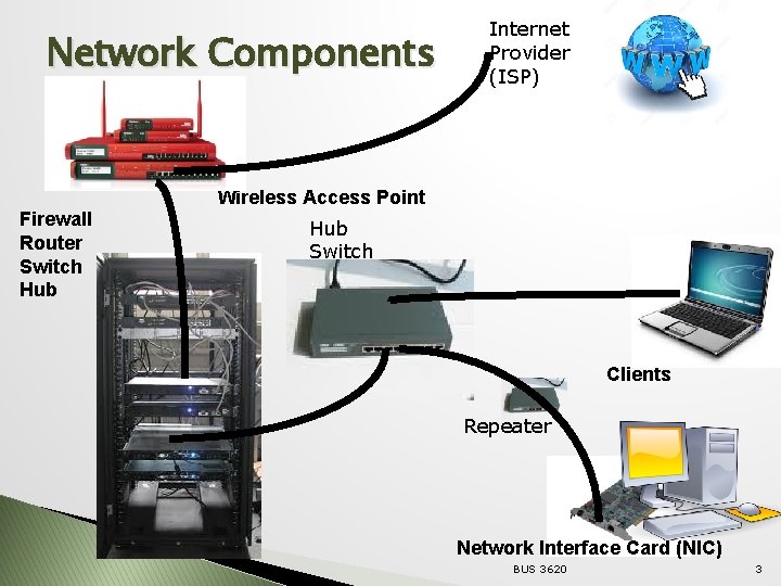 Network Components Firewall Router Switch Hub Internet Provider (ISP) Wireless Access Point Hub Switch