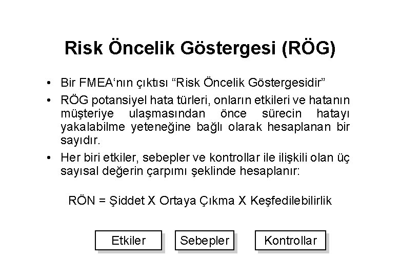 Risk Öncelik Göstergesi (RÖG) • Bir FMEA‘nın çıktısı “Risk Öncelik Göstergesidir” • RÖG potansiyel