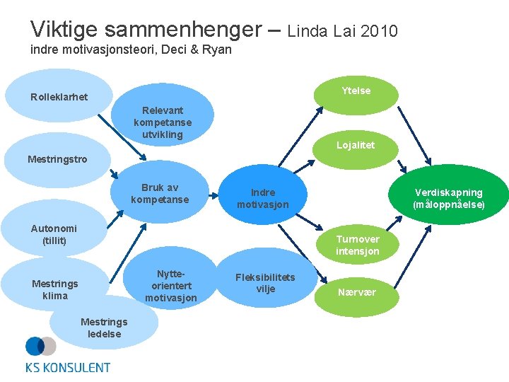 Viktige sammenhenger – Linda Lai 2010 indre motivasjonsteori, Deci & Ryan Ytelse Rolleklarhet Relevant