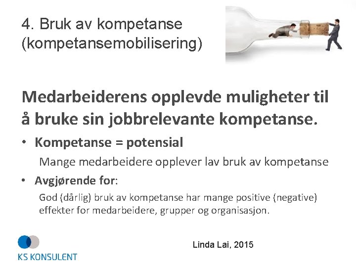 4. Bruk av kompetanse (kompetansemobilisering) Medarbeiderens opplevde muligheter til å bruke sin jobbrelevante kompetanse.