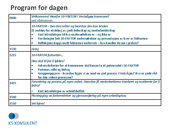 Program for dagen 0900 Velkommen! Hvorfor 10 -FAKTOR i Vestvågøy kommune? ved rådmannen 10