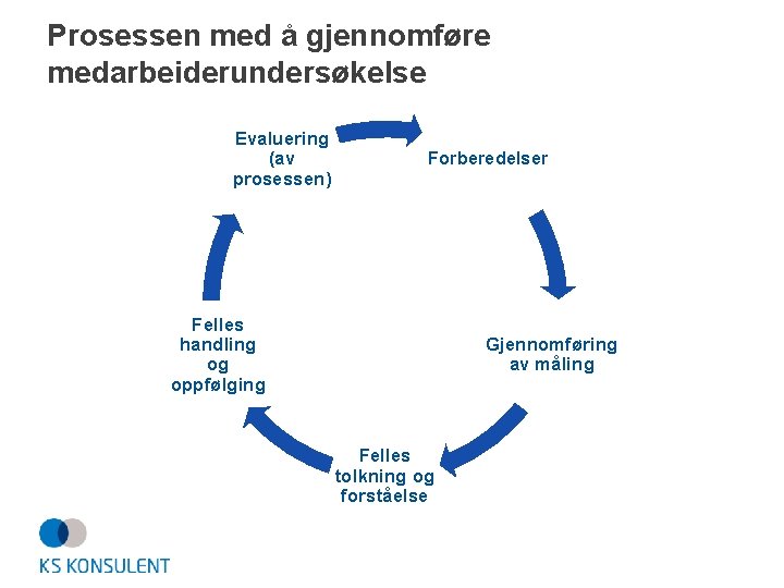 Prosessen med å gjennomføre medarbeiderundersøkelse Evaluering (av prosessen) Forberedelser Felles handling og oppfølging Gjennomføring