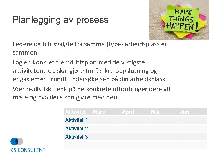 Planlegging av prosess Ledere og tillitsvalgte fra samme (type) arbeidsplass er sammen. Lag en