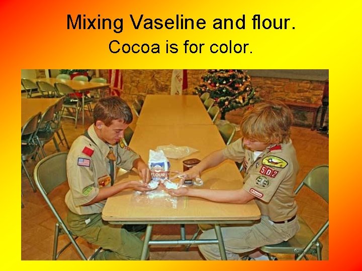 Mixing Vaseline and flour. Cocoa is for color. 