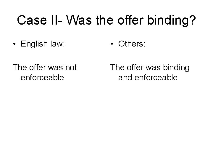 Case II- Was the offer binding? • English law: • Others: The offer was