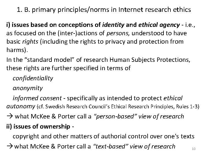1. B. primary principles/norms in Internet research ethics i) issues based on conceptions of