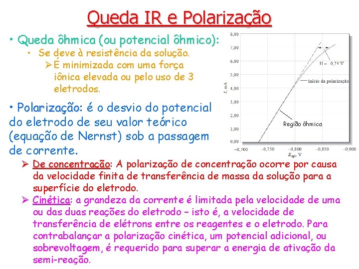 Queda IR e Polarização • Queda ôhmica (ou potencial ôhmico): ôhmico) • Se deve