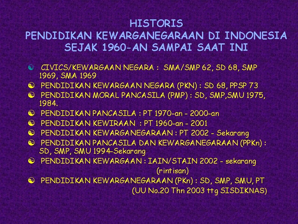 HISTORIS PENDIDIKAN KEWARGANEGARAAN DI INDONESIA SEJAK 1960 -AN SAMPAI SAAT INI [ CIVICS/KEWARGAAN NEGARA