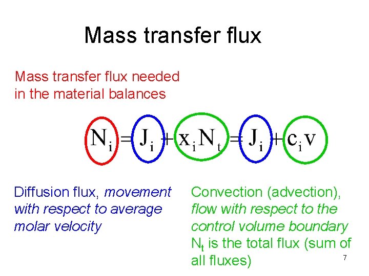 Mass transfer flux needed in the material balances Diffusion flux, movement with respect to