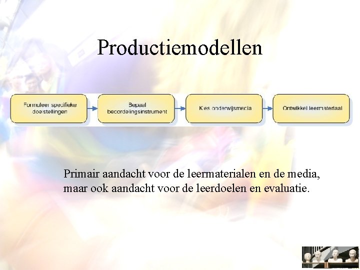 Productiemodellen Primair aandacht voor de leermaterialen en de media, maar ook aandacht voor de