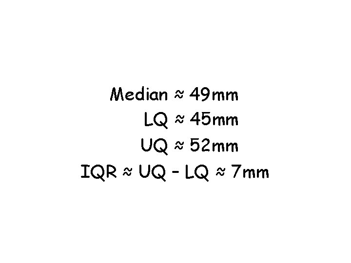 Median ≈ 49 mm LQ ≈ 45 mm UQ ≈ 52 mm IQR ≈