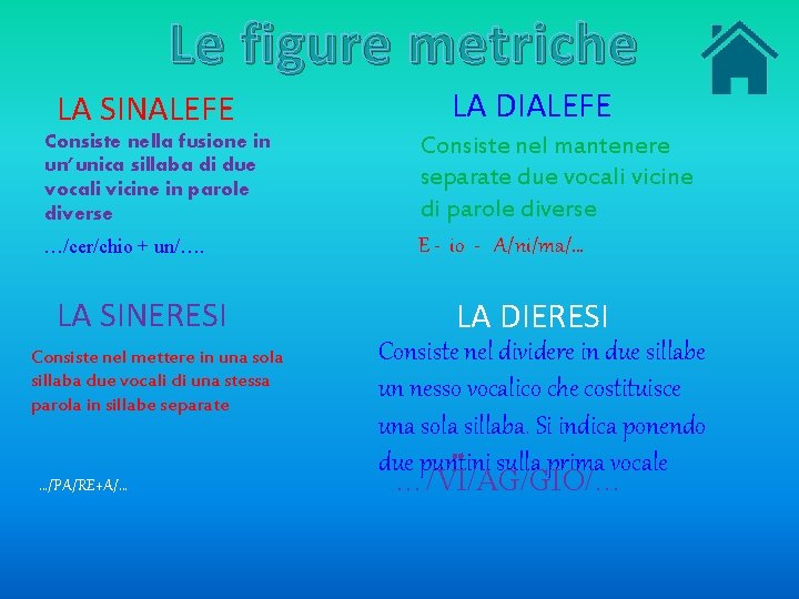 Le figure metriche LA SINALEFE Consiste nella fusione in un’unica sillaba di due vocali