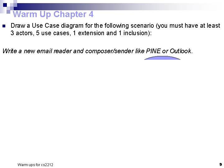 Warm Up Chapter 4 n Draw a Use Case diagram for the following scenario Warm Up Chapter 4 n Draw a Use Case diagram for the following scenario
