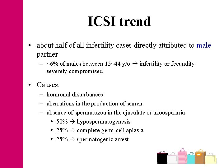 ICSI trend • about half of all infertility cases directly attributed to male partner