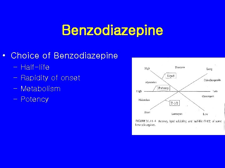 Benzodiazepine • Choice of Benzodiazepine – – Half-life Rapidity of onset Metabolism Potency 