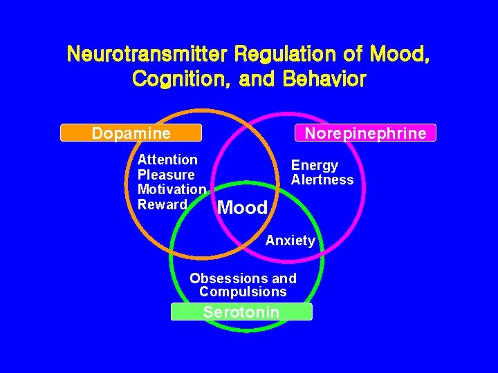 Neurotransmitter Regulation of Mood, Cognition, and Behavior Dopamine Norepinephrine Attention Pleasure Motivation Reward Energy